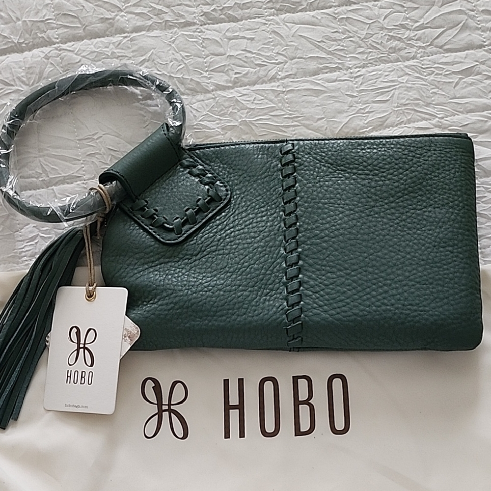HOBO Green Leather Wristlet Clutch with Tassel Accent